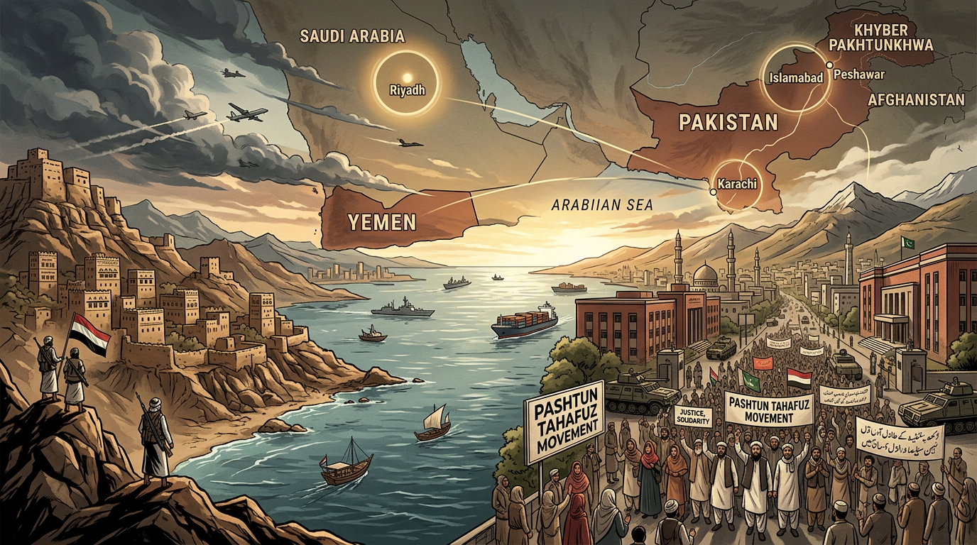 Illustrated map labeled Pakistan, Afghanistan, Saudi Arabia, Yemen, and Arabian Sea, with Pashtun Tahafuz Movement protest