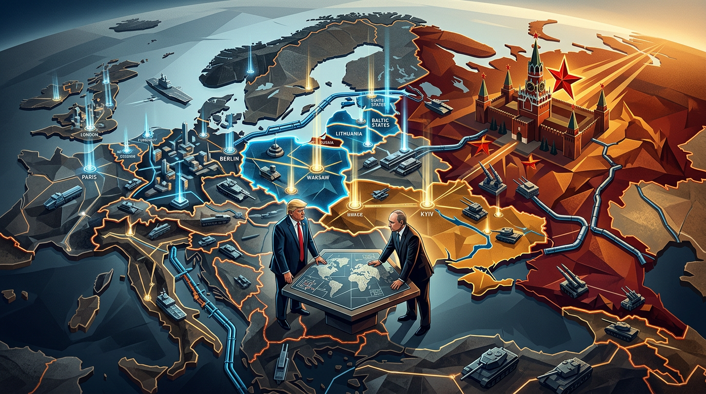 Illustrated map of Europe with Trump and Putin examining a table