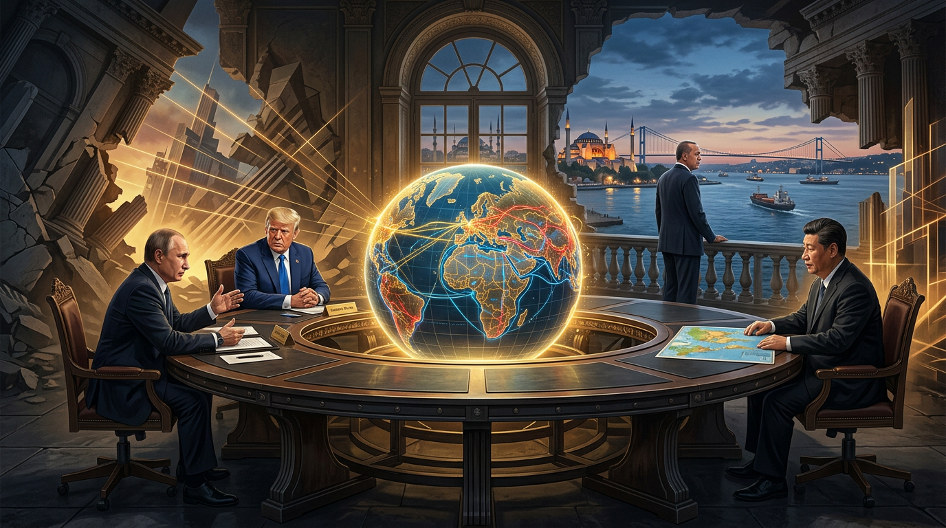 Trump, Putin, and Xi seated around a glowing globe in a damaged hall